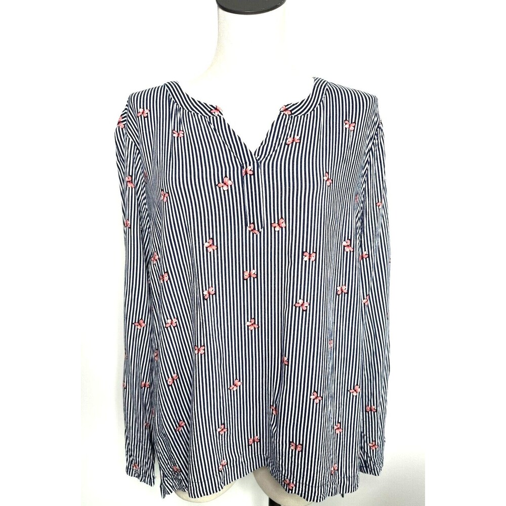 Christopher & Banks Blouse Blue Striped Top Butterfly V-Neck Size XL